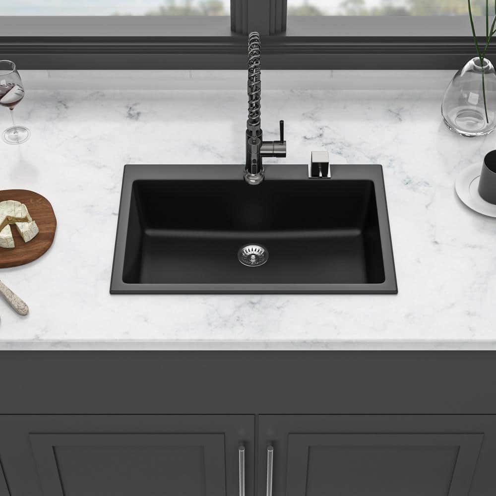 33" Black Quartz Single Bowl Drop-in Kitchen Sink with Accessories