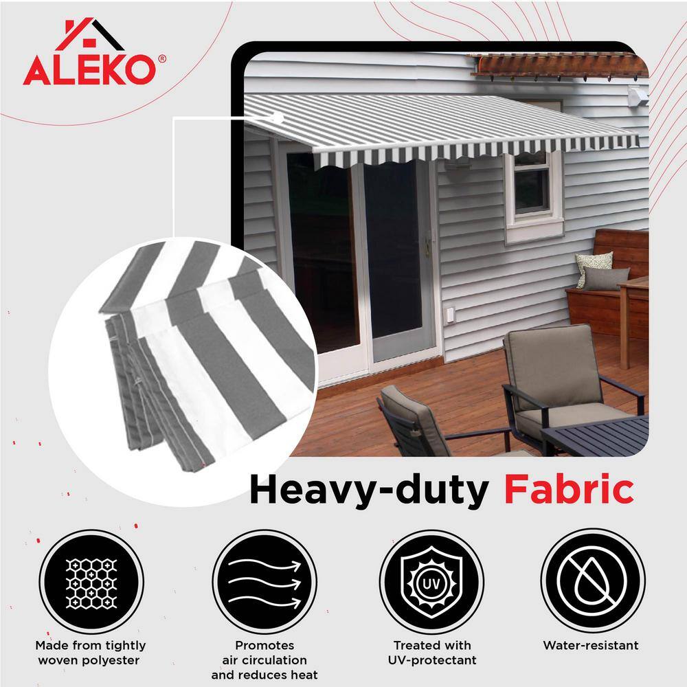Gray and White Striped Retractable Patio Awning with Black Frame