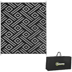 8' x 10' Reversible Outdoor Rug, Waterproof Plastic Straw Floor Mat Portable RV Camping Carpet in Black & Gray Geometric