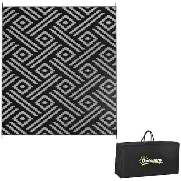 Otryad 8' x 10' Reversible Outdoor Rug, Waterproof Plastic Straw Floor Mat Portable RV Camping Carpet in Black & Gray Geometric