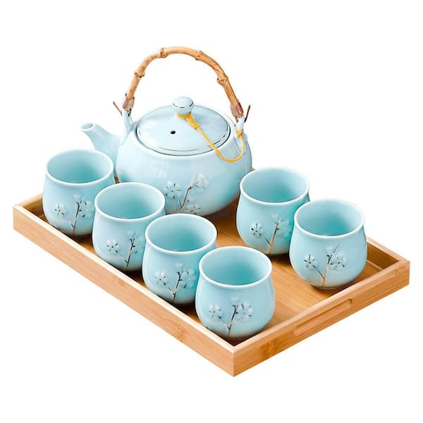Tea Set with 1 Teapot 6 Tea Cups 1 Tray 1 Stainless Infuser Golden Plum Blossom Relief Porcelain Blue Set