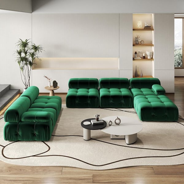 Magic Home Chameleon 138 in. Square Arm 6-piece Modern Velvet Modular Combination Sectional Sofa Living Room with Ottoman in. Green