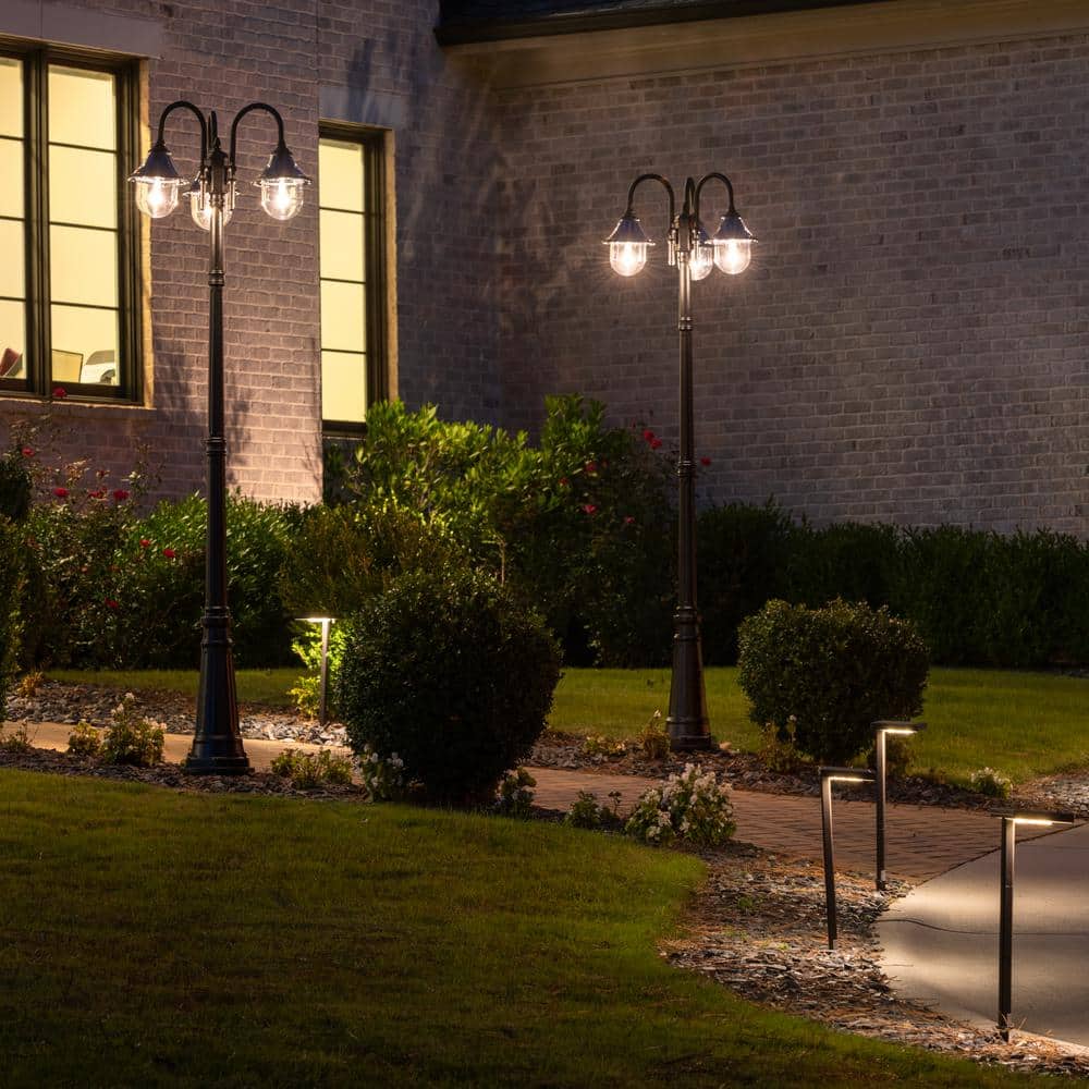 Orion Triple-Head Solar Lamp Post in Black Resin with LED, Dusk to Dawn