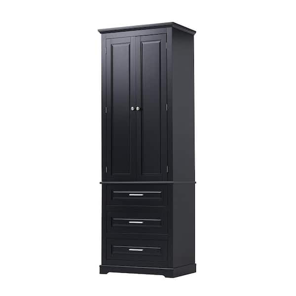 Cesicia 24 in. W x 15.7 in. D x 70 in. H Black MDF Freestanding Tall Linen Cabinet with Adjustable Shelf and 3-Drawers