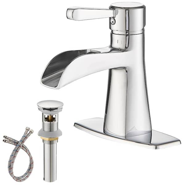 BWE Waterfall Single Hole Single-Handle Low-Arc Bathroom Sink Faucet With Pop-up Drain Assembly In Polished Chrome