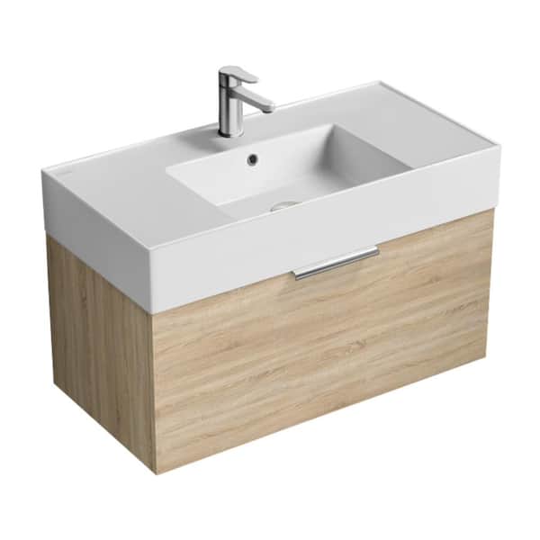 Nameeks Derin 31.9 in. W x 17.4 in. D x 20.47 in. H Modern Bathroom Vanity in Brown Oak With White Ceramic Top