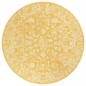 Tela Bohemian Textured Weave Yellow/Cream 5 ft. Round Floral Indoor/Outdoor Area Rug