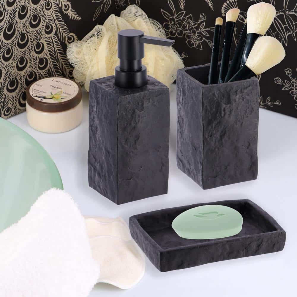 Black Stone Effect Polyresin Bathroom Accessory Set, 4 Pieces