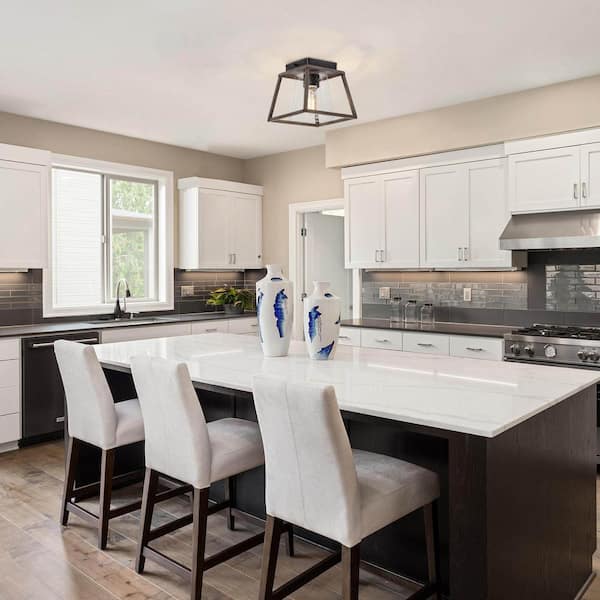 Classic Farmhouse Black Geometric Cage Semi-Flush Mount Light with Seeded Glass Shade and Textured Brown Faux Wood Grain