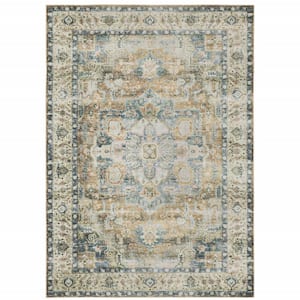 4' X 6' Blue Gold Brown Green And Salmon Oriental Printed Stain Resistant Non Skid Area Rug