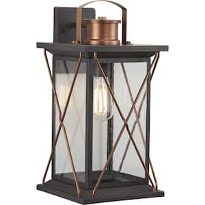 Barlowe Collection 1-Light Antique Bronze Clear Seeded Glass Farmhouse Outdoor Large Wall Lantern Light