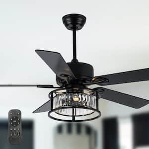 52 in. Indoor Matt Black Crystal Reversible Ceiling Fan with Light and Remote