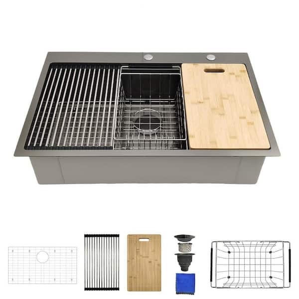 33 x 22 in. Drop-In Workstation Kitchen Sink 16-Gauge Black Stainless Steel, Top Mount Single Bowl Sink with Accessories