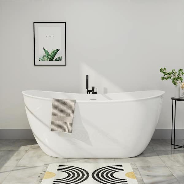 Mokleba Minimalist 59 in. Acrylic Single Slipper Freestanding Flatbottom Not Whirlpool Bathtub Elegant Soaking SPA Tub in White