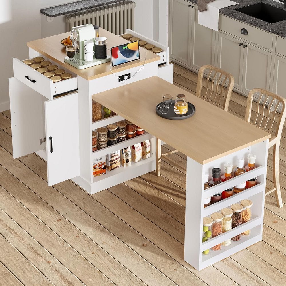 Seafuloy White MDF Wood 80.7 in. Extendable Kitchen Island Console with ...