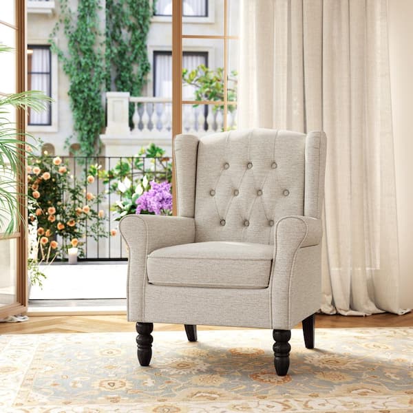 Modern Beige Linen Upholstered Button High Back Accent Arm Chair with Wood Legs (Set of 1)