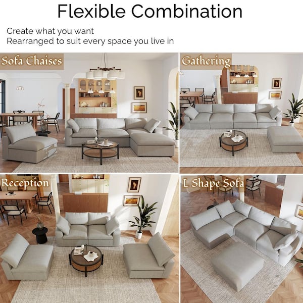 Tuxedo Couch L Shape Sofa with Ottoman 5-Piece Gray Linen Down Filled Convertible Living Room Set with Washable Covers