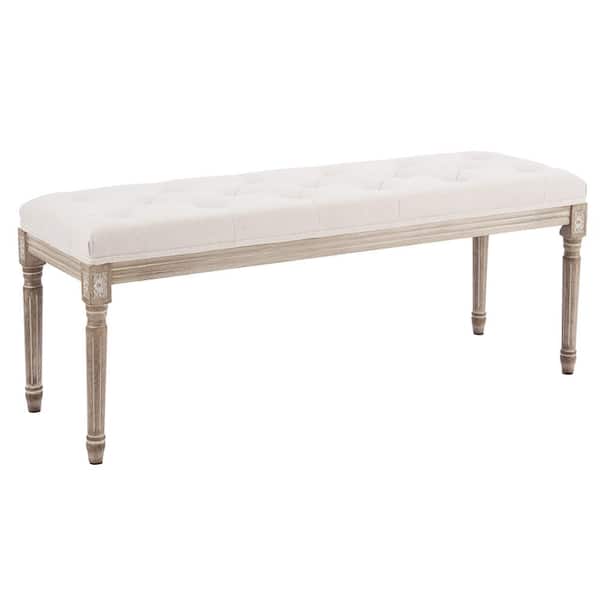 Merra Beige French Vintage Upholstered Bench with Carved Solid Wood Frame (18.1 in. H x 47.2 in. W x 15.7 in. D)