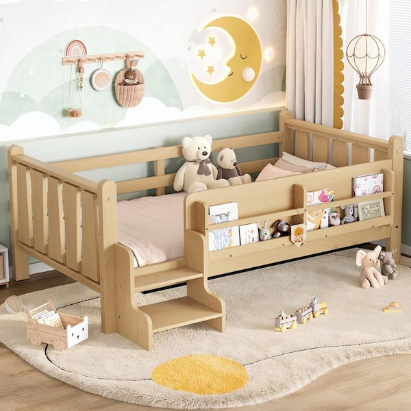 Light Natural Twin Size Kids Bed with Storage Bookcases,cute Stairs and Guardrails