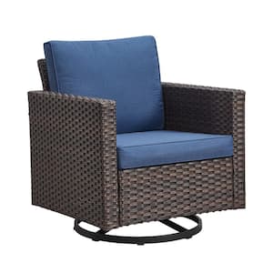 U-Weave Metal and Brown Wicker Outdoor Rocking Chair Patio Swivel Chairs with Olefin Navy Blue Cushions