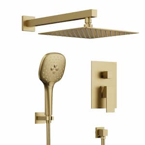 3-Spray Patterns with 10 in. Wall Mount Dual Shower Heads with Handheld in Brushed Gold (Valve Included)