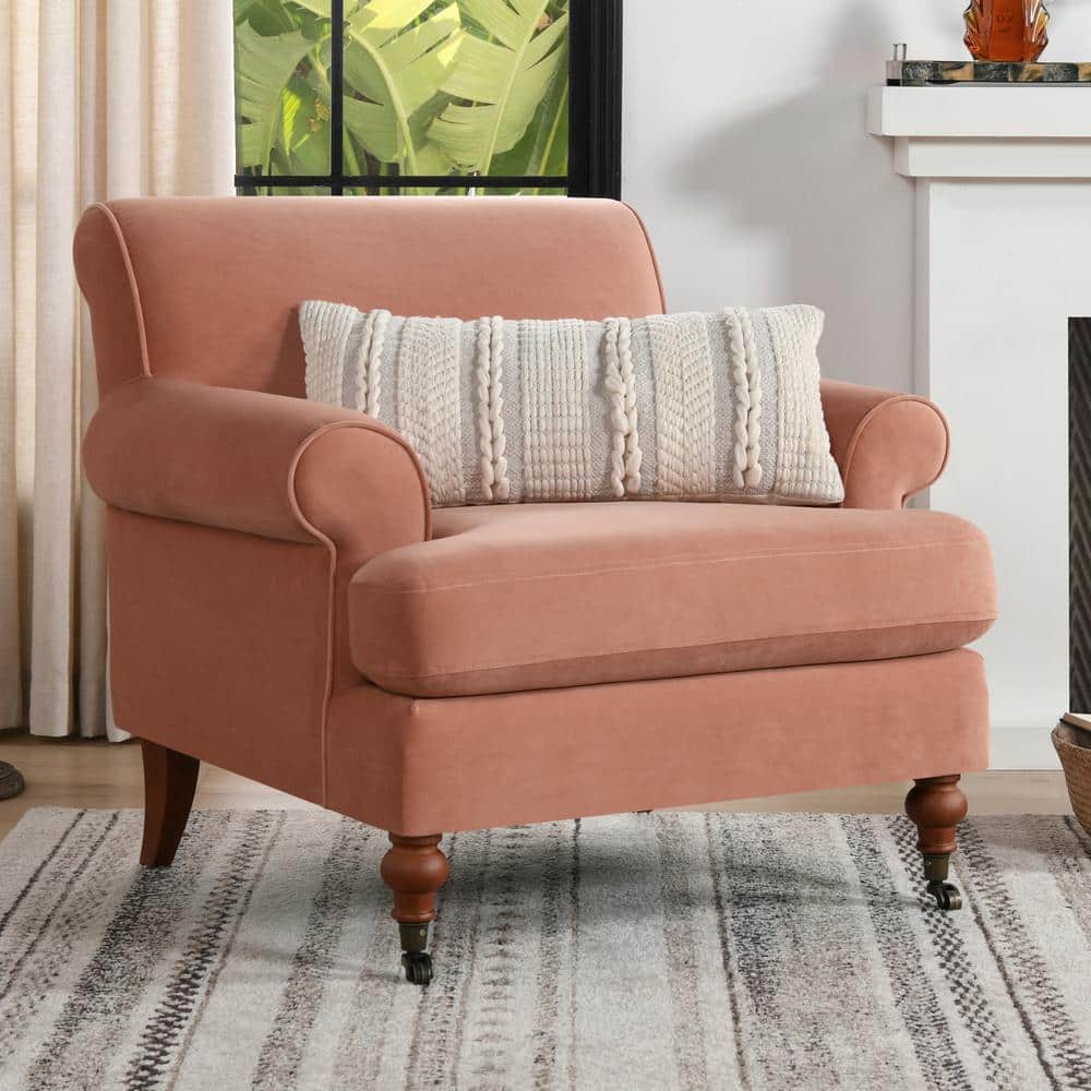 Elegant Peach Orange Velvet Wood Accent Chair with Handcrafted Comfort