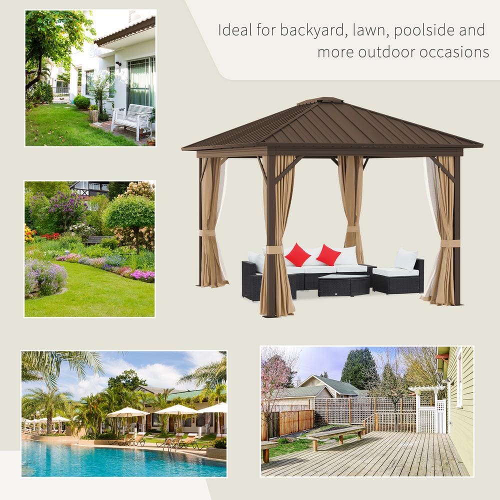 Brown Aluminum and Steel Hardtop Gazebo with Curtains