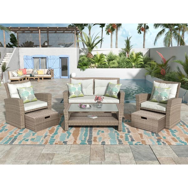 4-Piece Wicker Outdoor Conversation Sectional Sofa Set with Ottoman and Beige Cushions