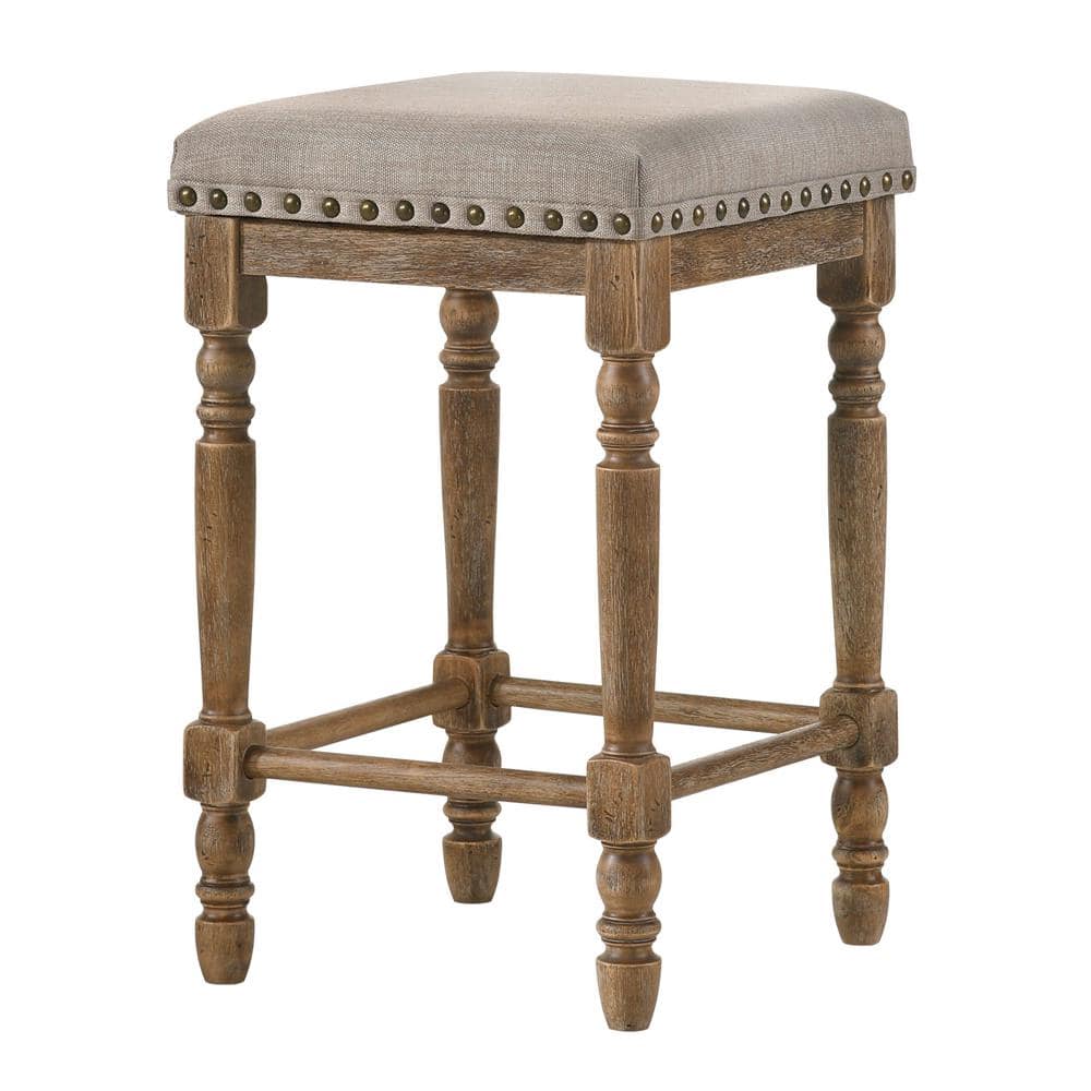Weathered Oak Backless Counter Height Stool with Beige Upholstered Seat