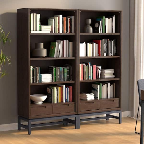 Simpli Home Banting 66 in. Tall Solid Wood 4 Shelf Bookcase in Walnut Brown (Set of 2)