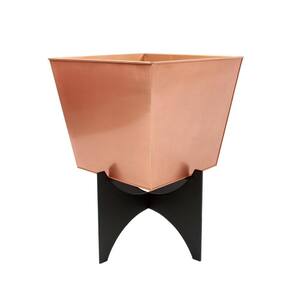 16.25 in. x 16.25 in. Square Copper Plated Galvanized Steel Flower Box with Black Wrought Iron Plant Stand