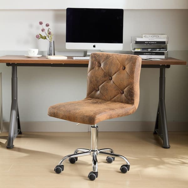 Armless Desk Chair Faux Leather Upholstered Ergonomic Task Chair in Dark Brown with Wheels