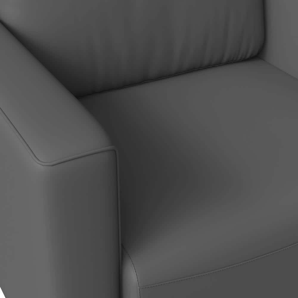 Close-up detail of the grey upholstery on the armchair.