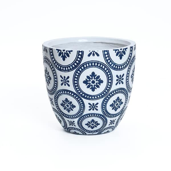 14 in. Blue and White Ceramic Flower Pattern Round Tapered Floor Planter