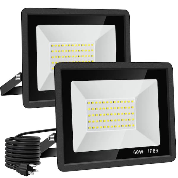 60W Black Plug-In Integrated LED Landscape Flood Light IP66 Waterproof 6000lm Outdoor Work Fixture (2-Pack)