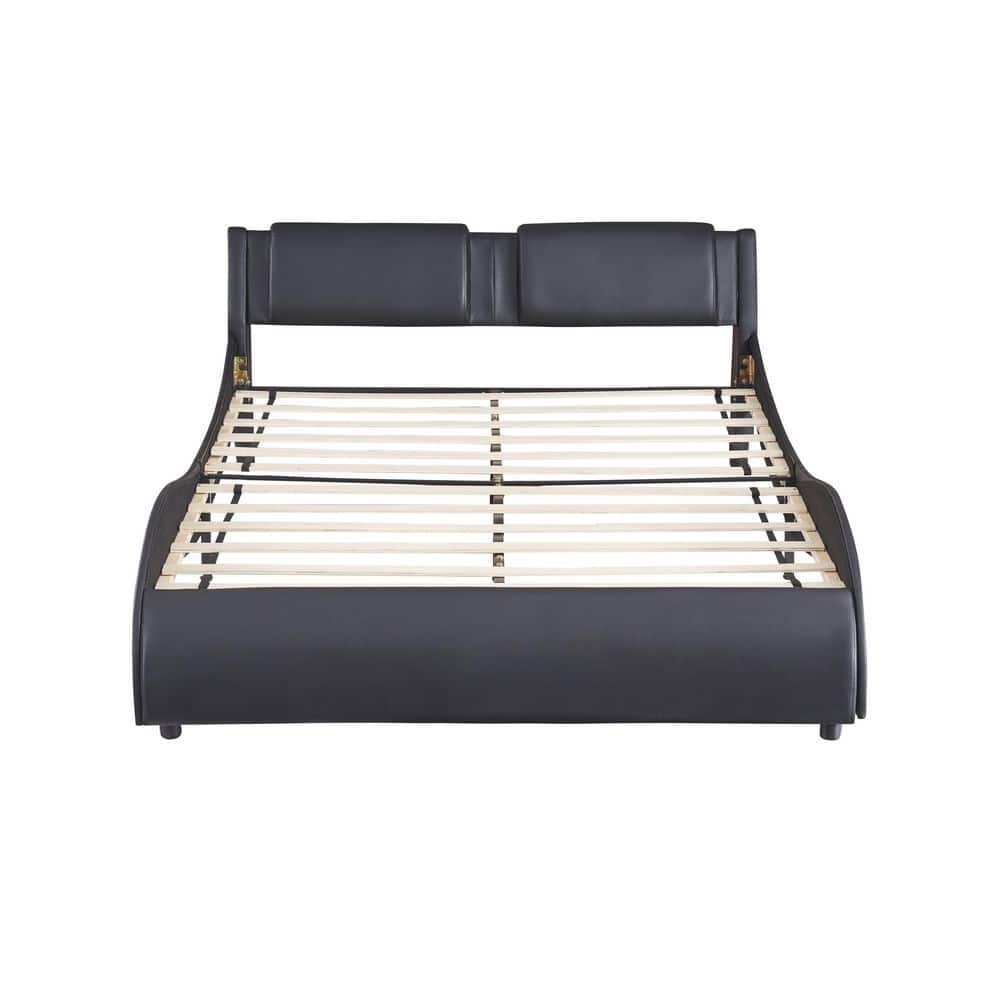 Black Faux Leather Upholstered Queen Platform Bed with LED Lights