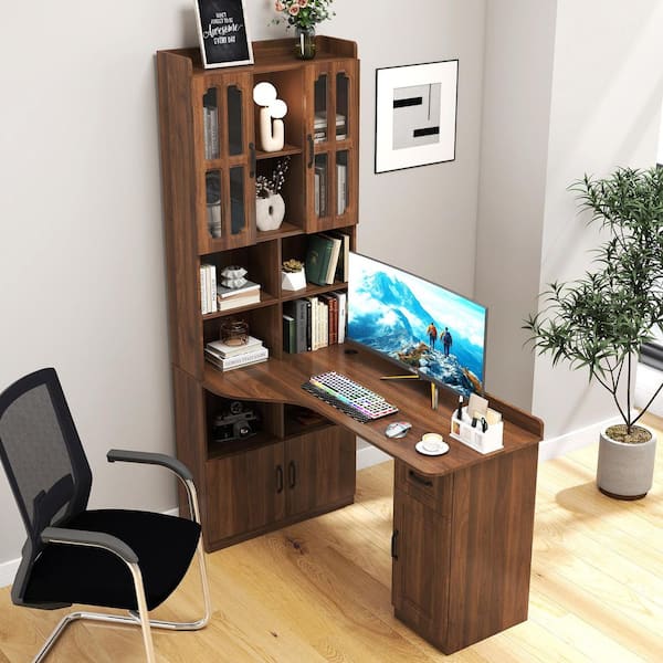 55 in. 2-in-1 L-Shaped Walnut Corner Computer Desk with Drawers Bookshelf & Hutch Large Working Space Study Writing Desk