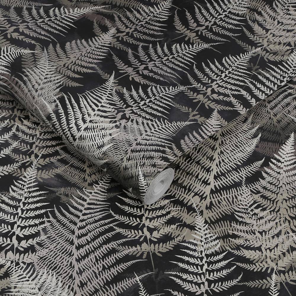 Charcoal and Silver Fern Pattern Removable Wallpaper Roll