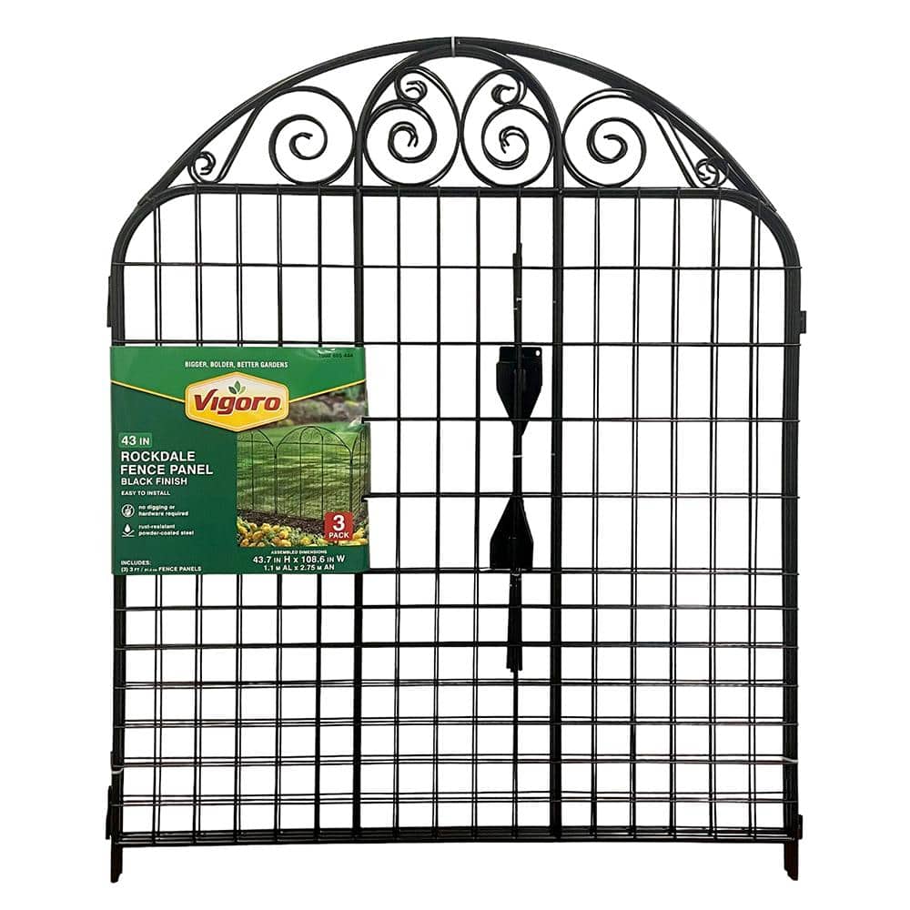 Vigoro Rockdale 43.8 in. Black Steel Fence Panel (3-Pack