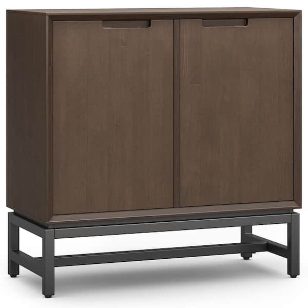 Simpli Home Banting Walnut Brown 32 in. Solid Hardwood Wide Modern Industrial Low Storage Cabinet in