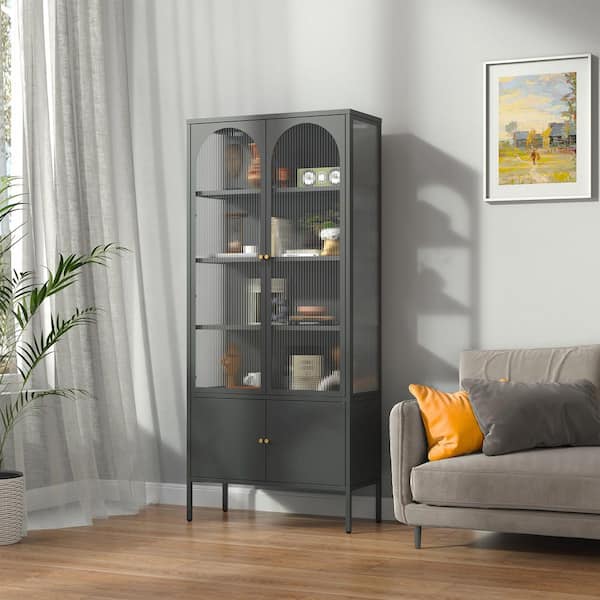 Glamour Home Benton 70.94 in. Tall" Black Steel 5-Shelf Four Door Storage Cabinet Bookcase with Fluted Clear Doors