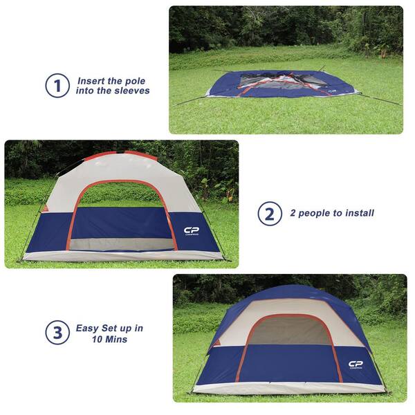 Unbranded - 6-Person Blue Polyester Camping Tents, Waterproof Windproof Family Dome Tent with Rainfly, Portable with Carry Bag