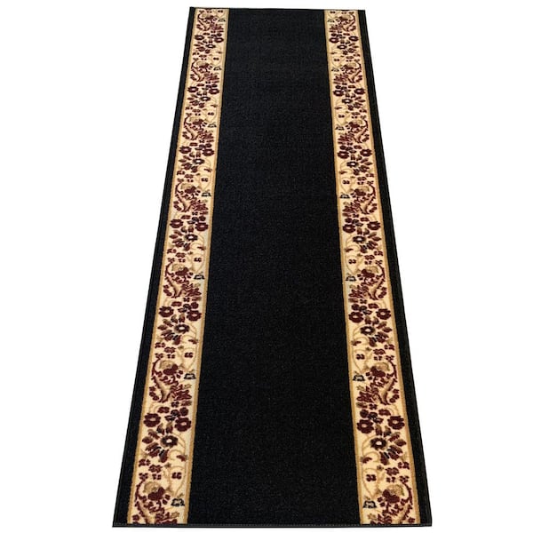 Flower Border Black 31 in. W x 30 ft. L RunnerRug/Stair Runner 78 sq. ft.