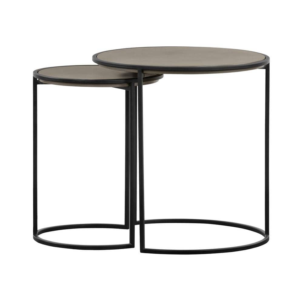 Rina Round Concrete & Black Metal Nesting End Table Set
