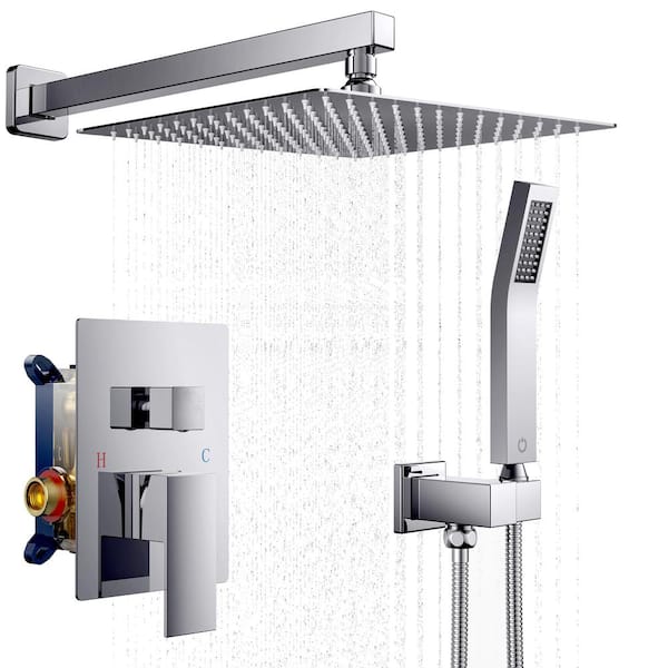 12 in. 2-Jet High-Pressure Rainfall Shower System w/Combo Set Wall Mount Handheld Shower Head in Chrome (Valve Included)