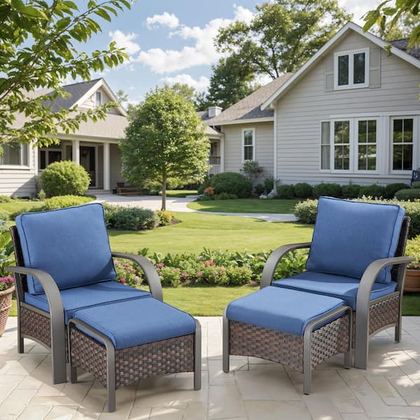 moosprr 4-Piece Patio Brown Wicker Outdoor Lounge Chair with Blue Olefin Cushions and Matching Ottomans