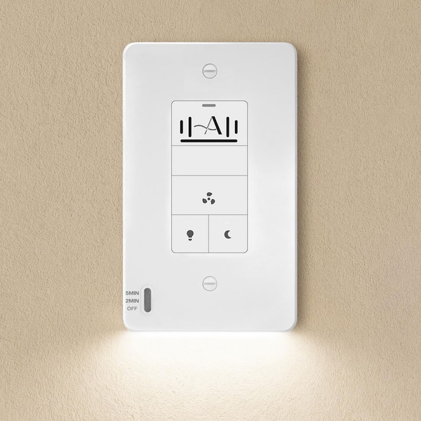 6-Function Humidity Sensor Switch with Motion-Activated Nightlight Wall Plate for Bathroom Exhaust Fan with Light, White