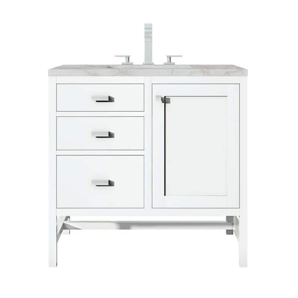James Martin Vanities Addison 36.0 in. W x 23.5 in. D x 35.5 in. H Single Bathroom Vanity Glossy White and Victorian Silver Quartz Top
