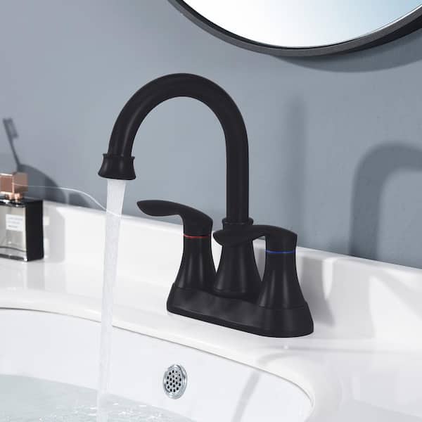 Staykiwi 4 in. Centerset Double Handle Mid Arc Bathroom Faucet with Drain Kit Included in Matte Black