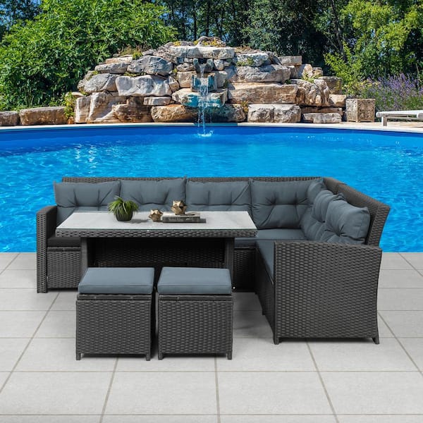 Mondawe Black 6 Piece Wicker Patio Furniture Set Outdoor Sectional Sofa With Table And Removable Cushions Tp 096caa The Home Depot - Patio Couch Cushions Canada